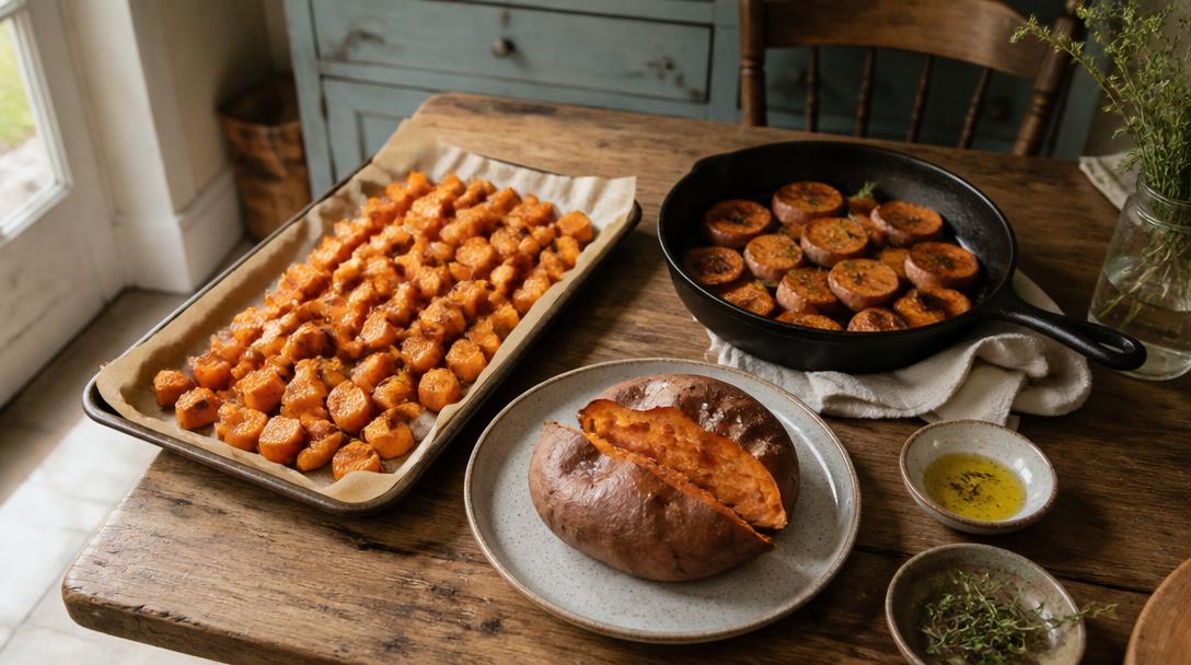 Cuisson des patates douces au four et à la poêle