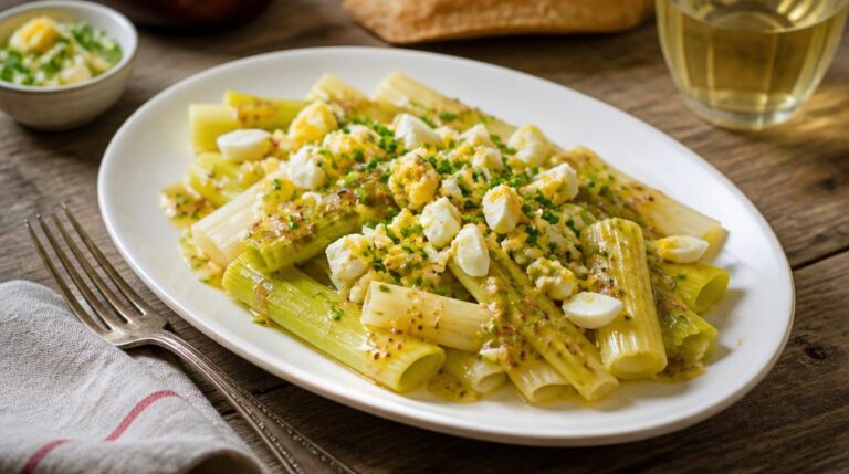 Cuisson des poireaux vinaigrette sur plat de service