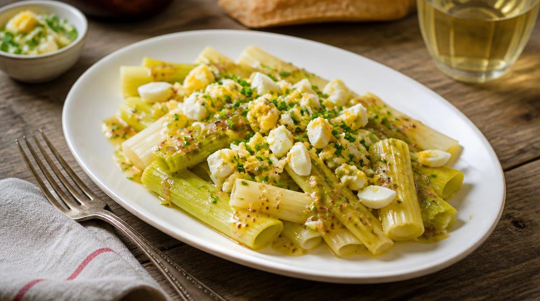 Cuisson des poireaux vinaigrette sur plat de service