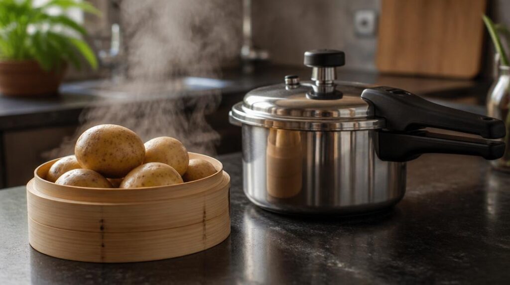 Pommes de terre vapeur et autocuiseur pour raclette