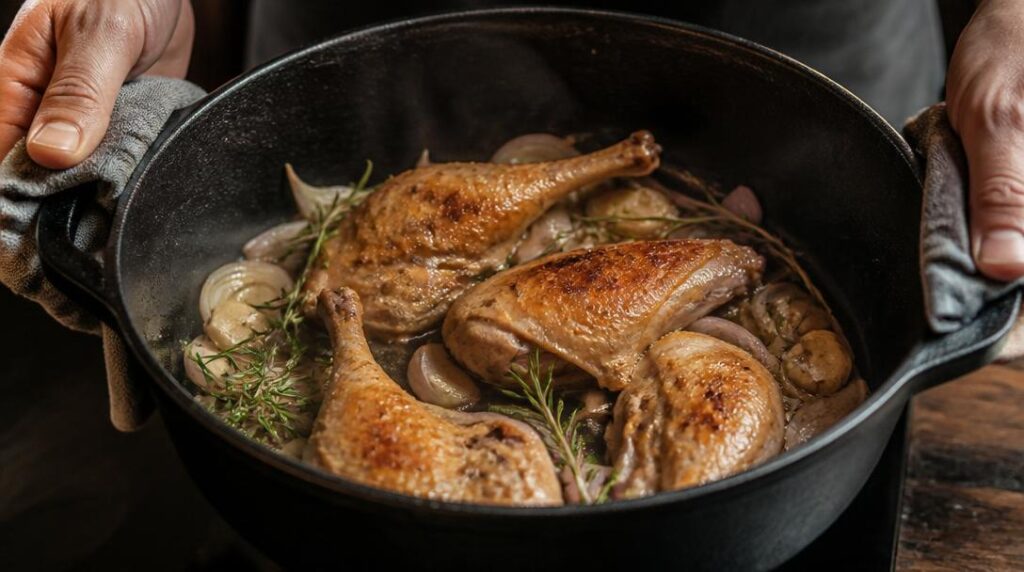 Cuisses de pintade dorées avec échalotes et romarin