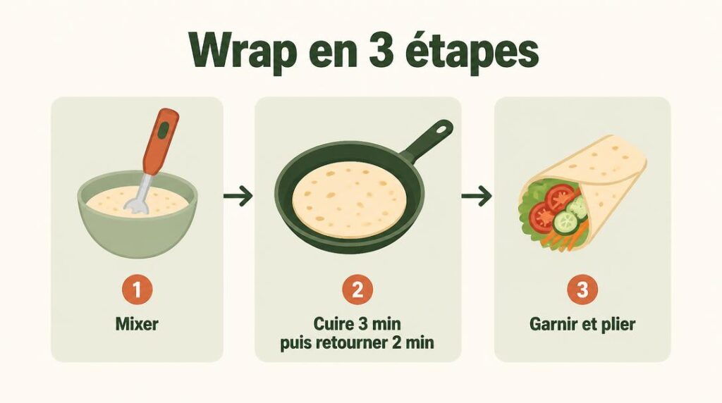 Trois étapes de cuisson d'une tortilla protéinée