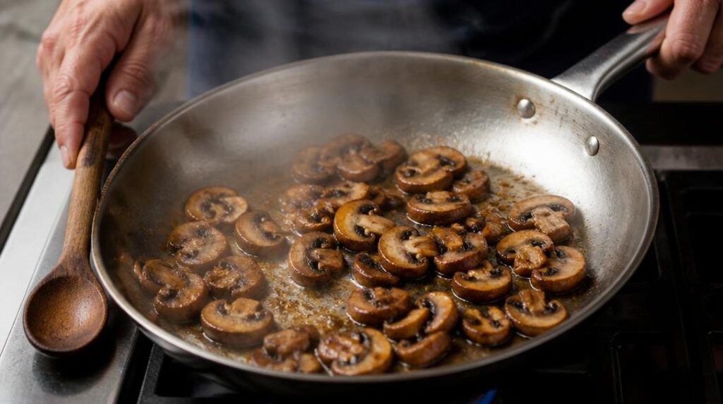 Champignons dorés dans une poêle pour sauce crémeuse