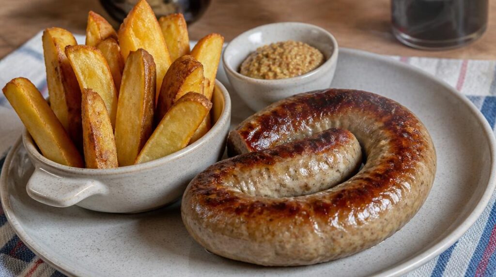 Frites maison dorées avec andouillette grillée