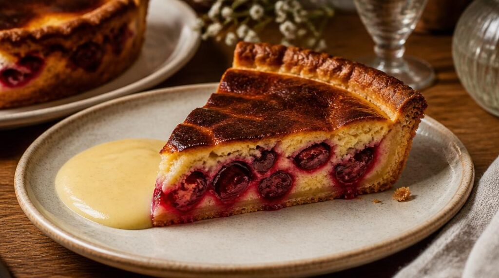 Gâteau basque à la cerise, sauce vanillée