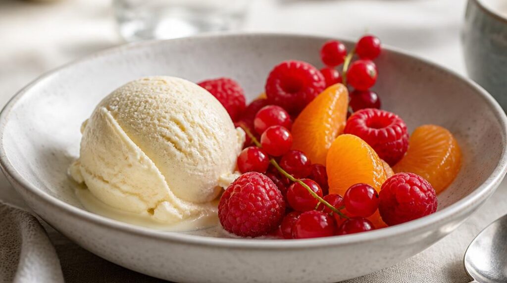 Glace vanille avec agrumes et framboises