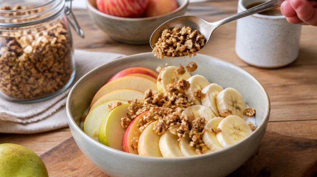 Granola peu sucré sur fruits frais