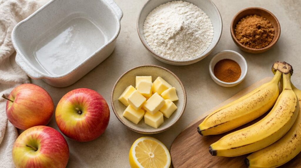 Ingrédients pour crumble pommes bananes à la cannelle