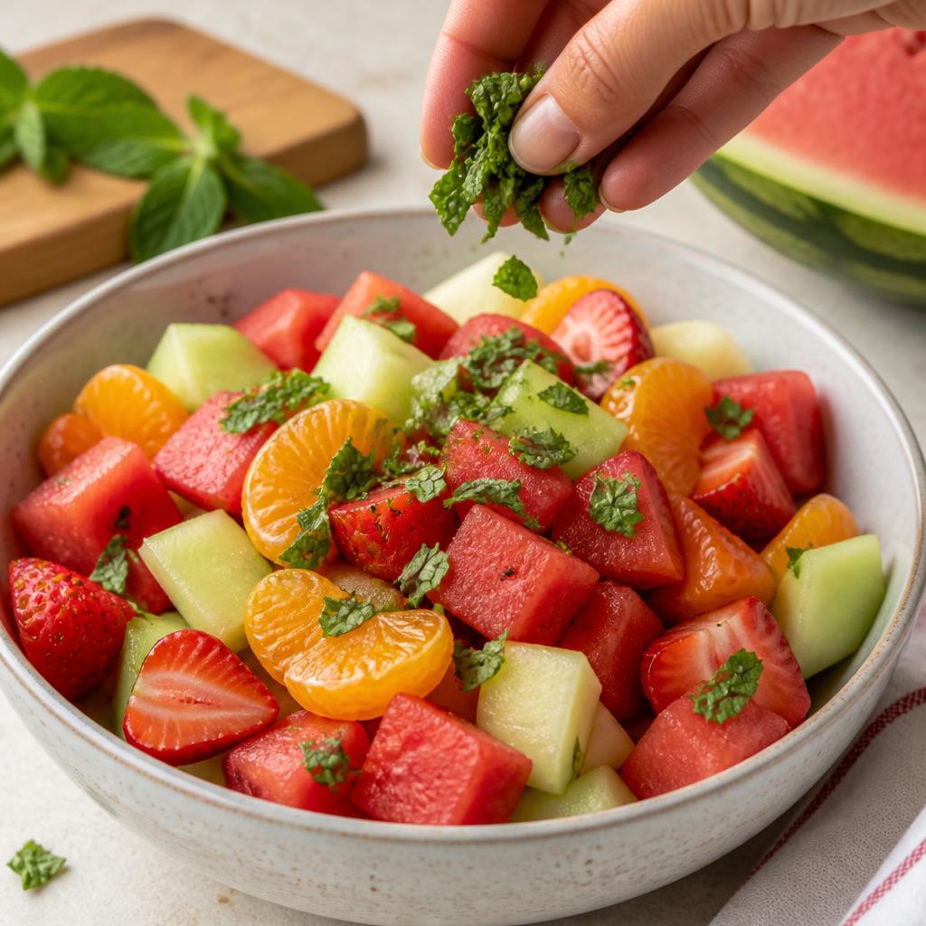 Menthe fraîche sur salade de fruits d’été