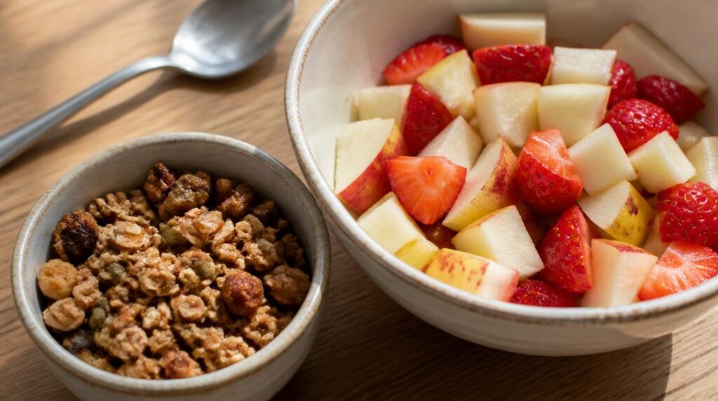 Muesli grillé avec salade de fruits