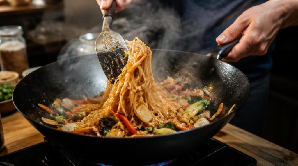 Nouilles de riz sautées au wok avec légumes