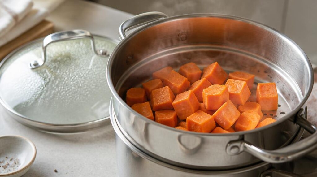 Cubes de patate douce cuits à la vapeur