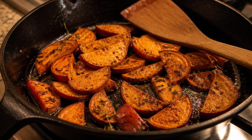 Patates douces sautées et dorées à la poêle