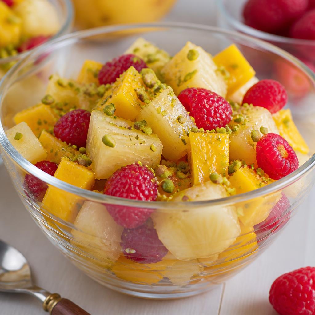 Pistaches concassées sur fruits exotiques