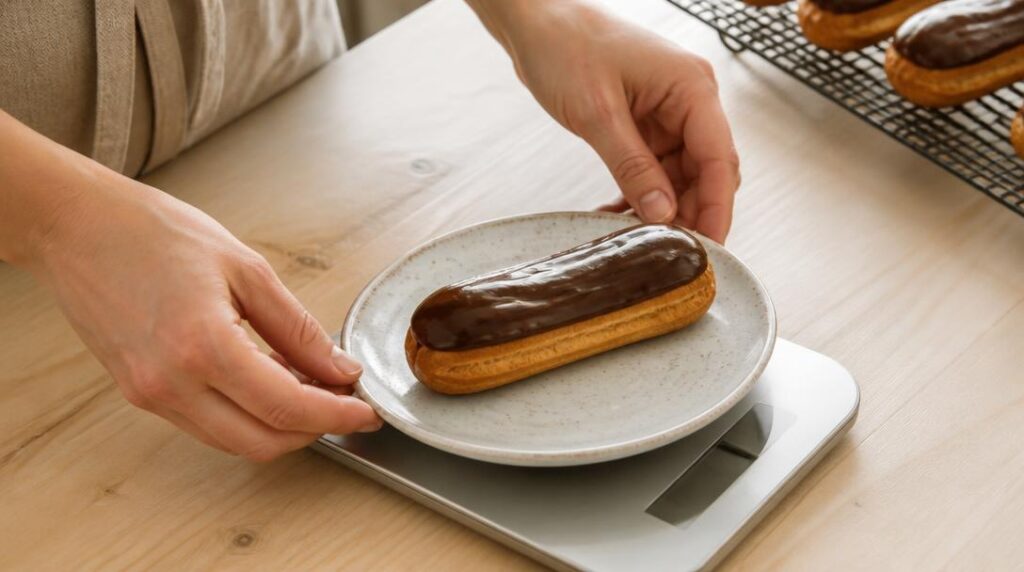 Poids d'un éclair au chocolat sur balance