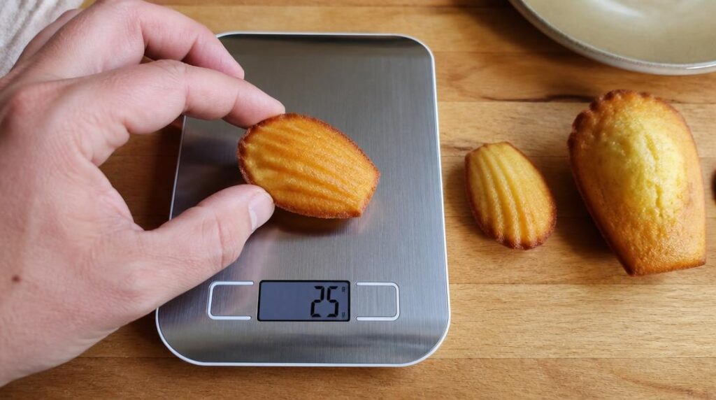 Poids d'une madeleine sur une balance de cuisine