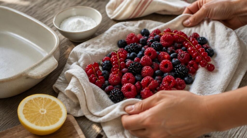Fruits rouges frais séchés dans un plat à gratin