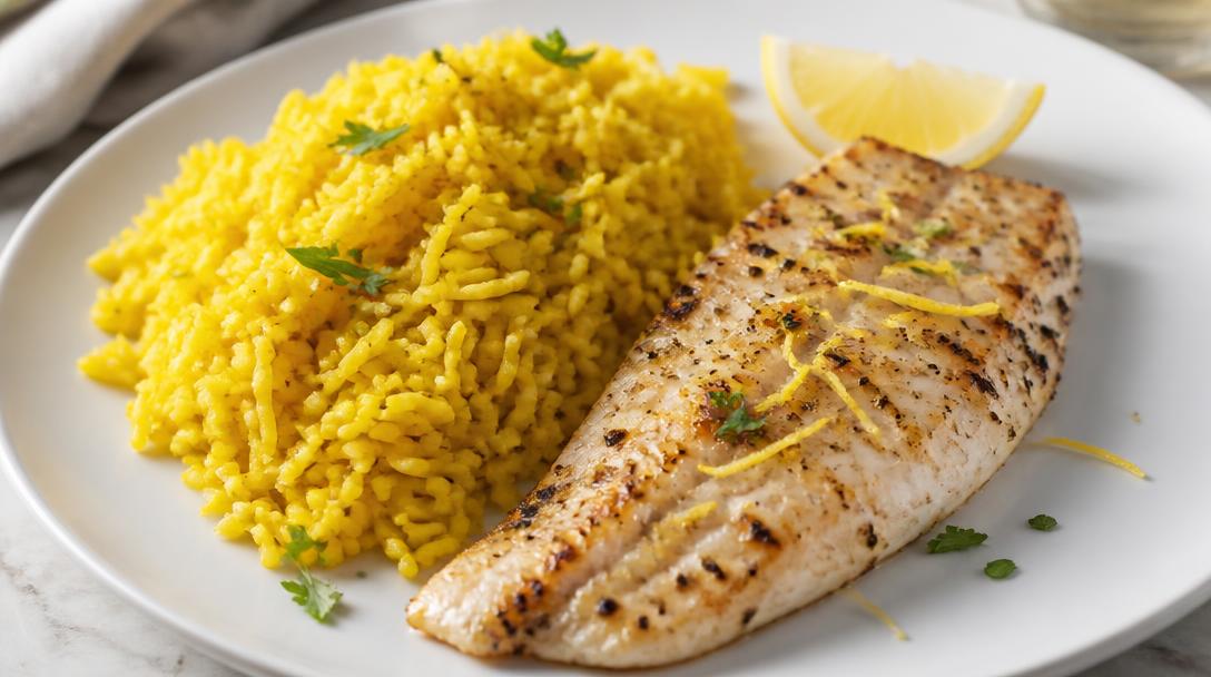 Riz au curcuma en accompagnement du poisson Riz au curcuma servi avec poisson blanc