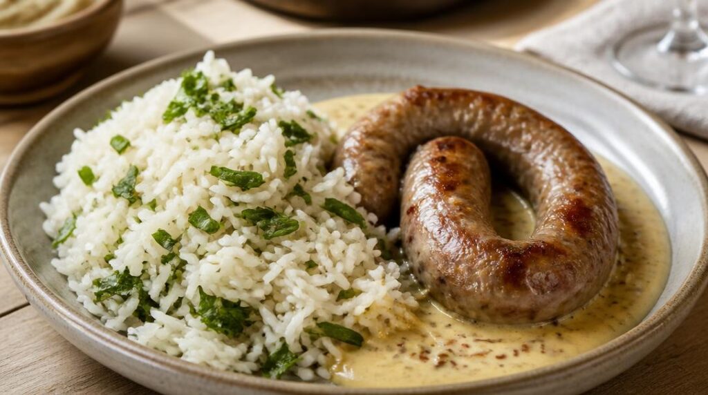 Riz pilaf aux herbes avec andouillette