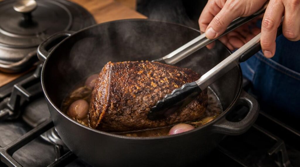Rosbeef saisi dans une cocotte en fonte