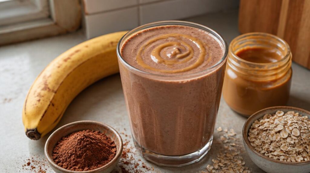 Smoothie banane protéiné au cacao et cacahuète